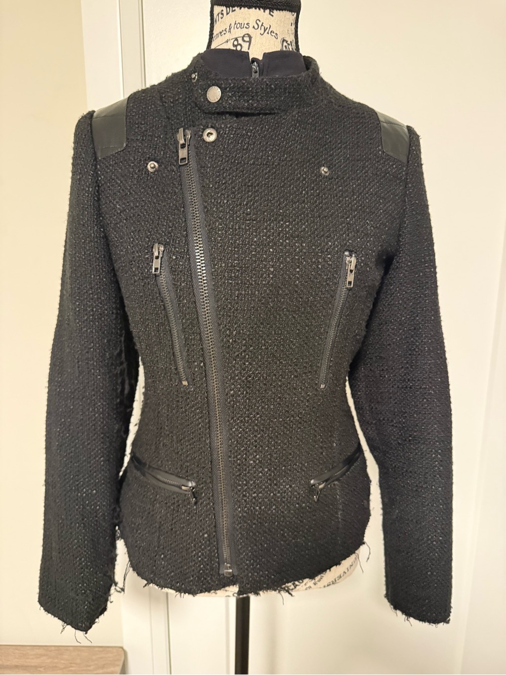 Buffalo David Bitton Black Tweed Moto Jacket with Faux Leather Accents